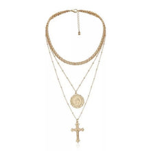 Load image into Gallery viewer, Cross & Coin Pendant Layered Necklace Master multi layered cross, coin pendant and chocker chain necklace. Trendy three layers with two stunning pendants. Available in silver and Gold. Chain 33 cm Coin 2 cm Chain 40 cm Cross 3.5 cm Chain 46 cm Please follow care instructions to maintain your pieces quality and integrity. #shopemmasofia