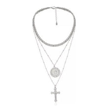 Load image into Gallery viewer, Master multi layered cross, coin pendant and chocker chain necklace. Trendy three layers with two stunning pendants. Chain 33 cm Coin 2 cm Chain 40 cm Cross 3.5 cm Chain 46 cm Please follow care instructions to maintain your pieces quality and integrity. #shopemmasofia
