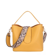 Load image into Gallery viewer, ERIKA TOTE BAG  Fall fit everyday 2 in 1 tote bucket bag. Ideal multi way and use tote bag, snake print strap, faux leather, gold tone hardware and second insert handbag for additional storage or second handbag. Available in Mustard, Beige and Onyx.  SHOPEMMASOFIA.COM  #shopemmasofia.com

