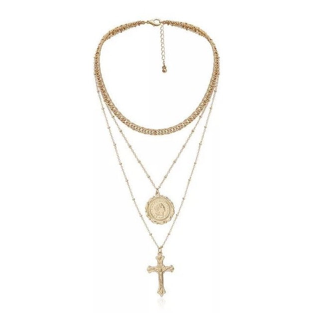 Cross & Coin Pendant Layered Necklace  Master multi layered cross, coin pendant and chocker chain necklace. Trendy three layers with two stunning pendants. Available in silver and Gold.   Chain 33 cm  Coin 2 cm Chain 40 cm  Cross 3.5 cm Chain 46 cm     Please follow care instructions to maintain your pieces quality and integrity. #shopemmasofia