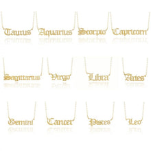 Load image into Gallery viewer, Horoscope Zodiac Pendant Necklace.  Classic Zodiac Pendant. Strut your birth given astrological sign with this essential jewelry piece. Available in Silver or Gold.  Pendant 2.0 cm  Chain 42 cm    Please follow jewelry care instructions to maintain your pieces quality and integrity. #shopemmasofia
