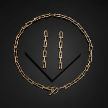 Load image into Gallery viewer, Solid U Bar Locked Chain and Earring Set.  Our U-mazing U bar Designer Inspired chain necklace with matching earrings. Supreme style for supreme taste. Limited quantities. Available in Silver and Gold.  Chain 43 cm  Earring 7.3 cm     Please follow care instructions to maintain your pieces quality and integrity. #shopemmasofia
