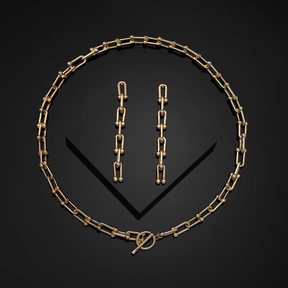 Solid U Bar Locked Chain and Earring Set.  Our U-mazing U bar Designer Inspired chain necklace with matching earrings. Supreme style for supreme taste. Limited quantities. Available in Silver and Gold.  Chain 43 cm  Earring 7.3 cm     Please follow care instructions to maintain your pieces quality and integrity. #shopemmasofia